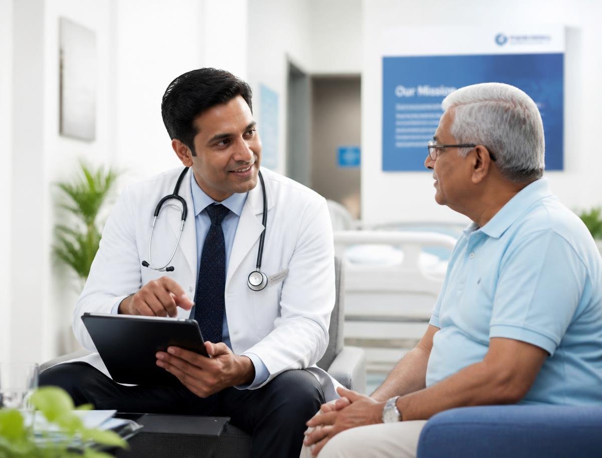 Indian physician advising a senior patient